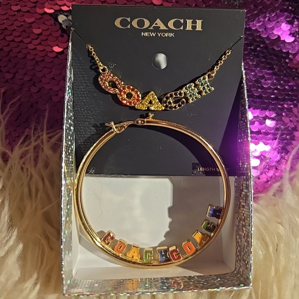 Coach Gold-Tone Necklace with Rainbow Crystals & Earrings